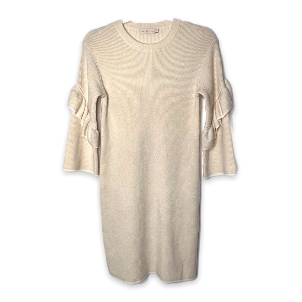 Tory Burch Frill Trim Ashley Wool Knit Ruffle Sweater Dress  Cream Size XS - Picture 7 of 9